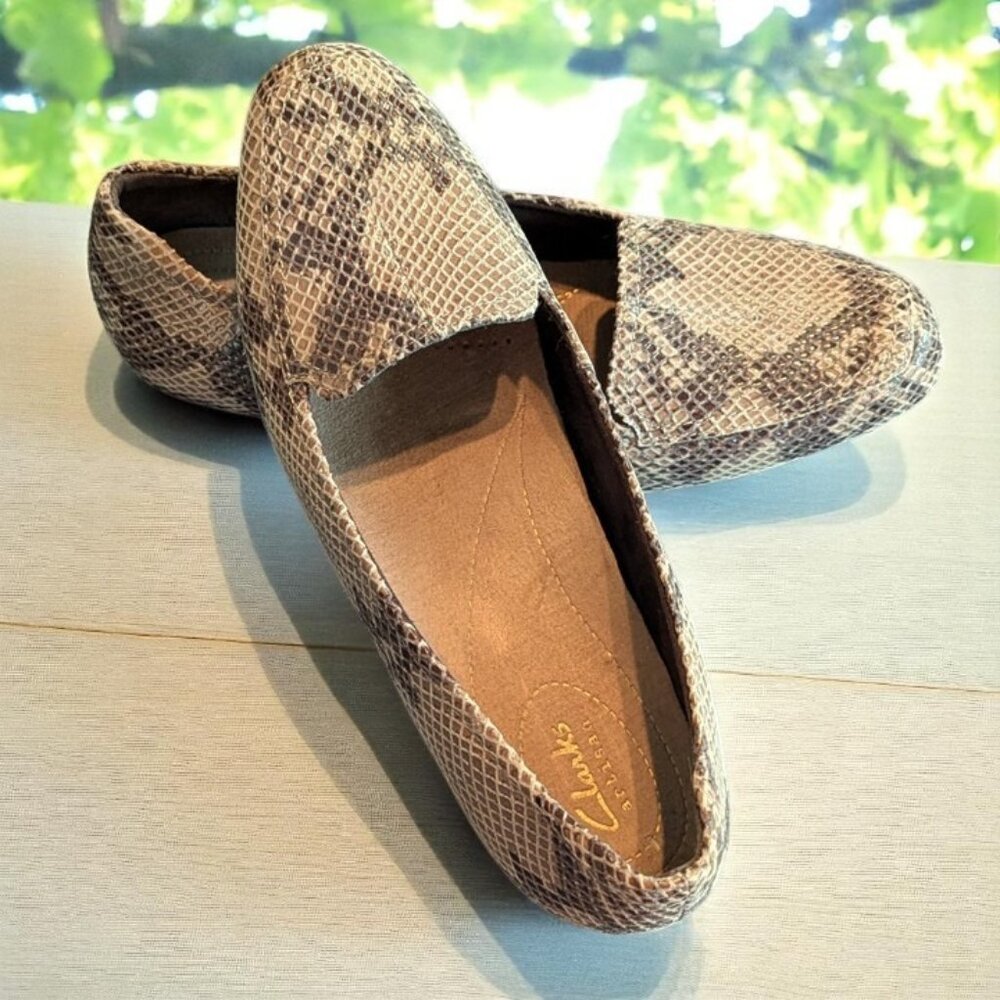 Clarks Snake-Print Pointed Toe Flats in Beige and Brown